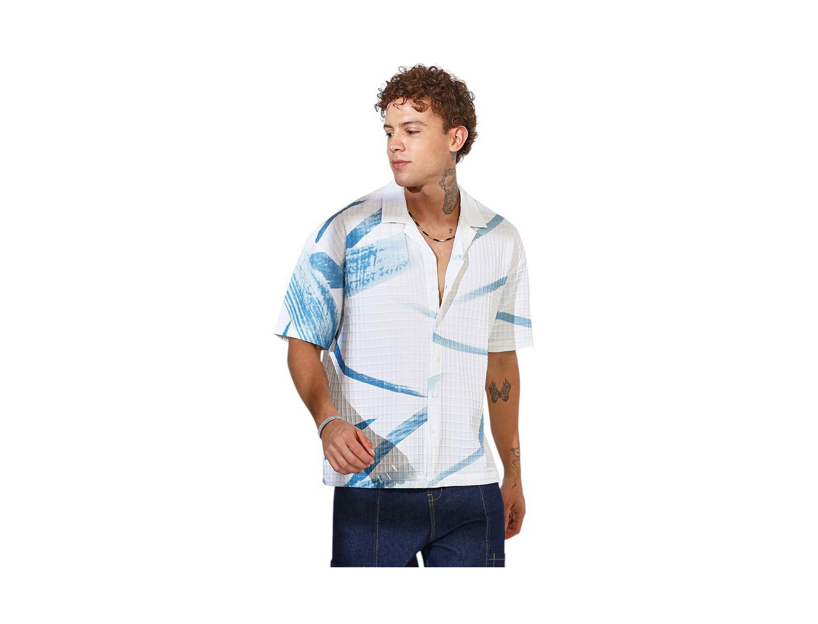 Campus Sutra Мужская рубашка оверсайз в полоску Sky Blue & Chalk White Waffle