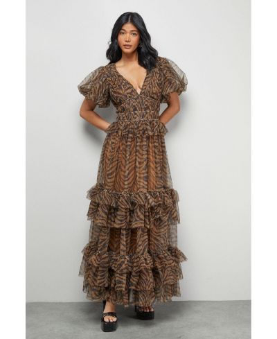 Warehouse Women's Zebra Print Tulle Ruffle Maxi Dress