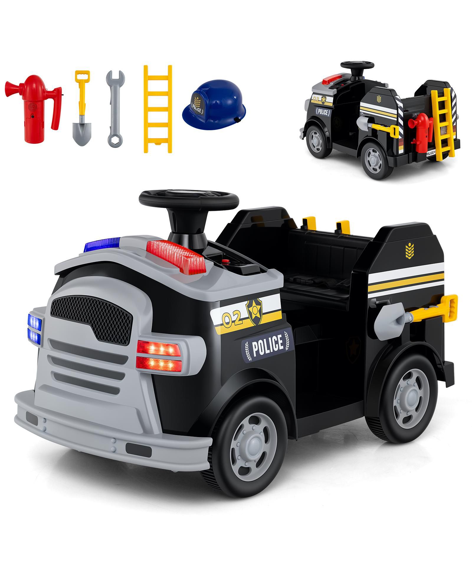 Игрушечная пожарная машина HONGGE 12V с лопатой и сиреной, черная