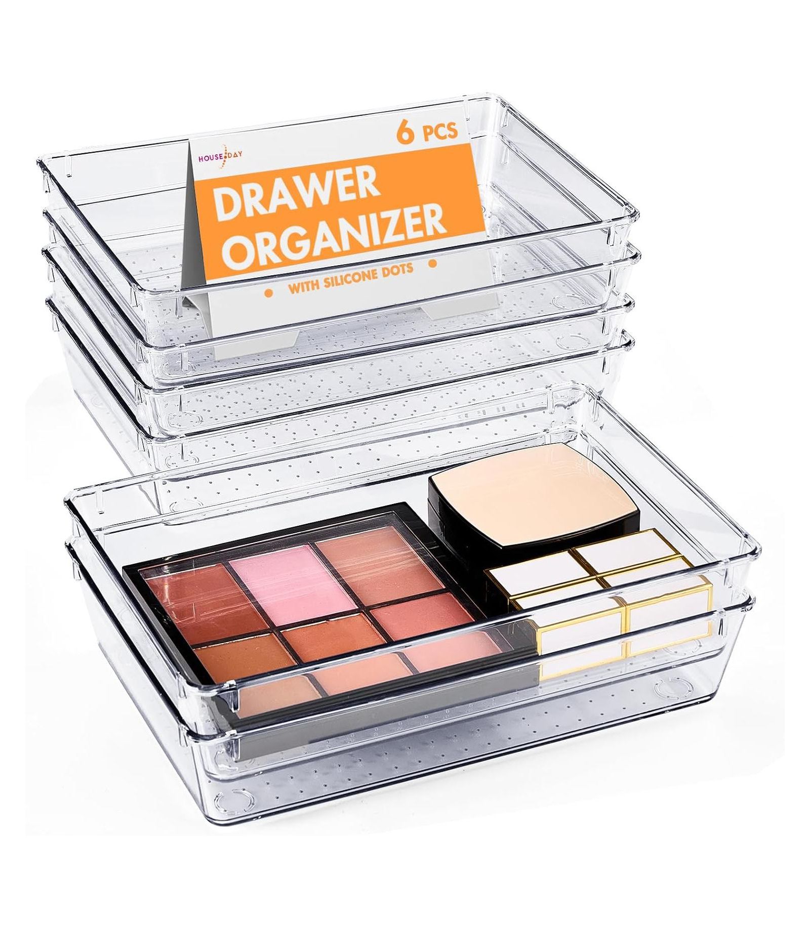 House Day Clear Plastic Drawer Organizers with Non-Slip Silicone Base for Makeup & Bathroom 6 Pack