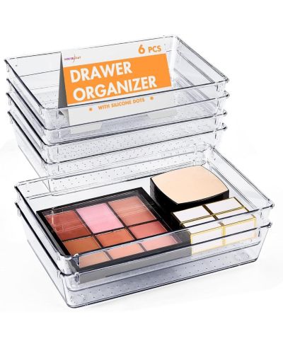 House Day Clear Plastic Drawer Organizers with Non-Slip Silicone Base for Makeup & Bathroom 6 Pack