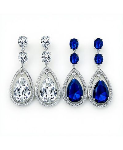 Bling Jewelry Art Deco Style Clear and Sapphire Blue Halo Large Teardrop CZ Dangle Chandelier Earrings (Set of 2)