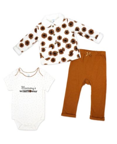 Baby Mode Baby Girls' Wildflower Short-Sleeve Bodysuit, Jacket and Pants, 3-Piece Set