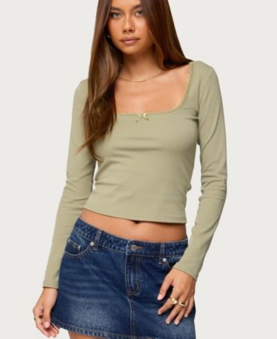 Edikted Women's Mora Lace Trim Ribbed T Shirt