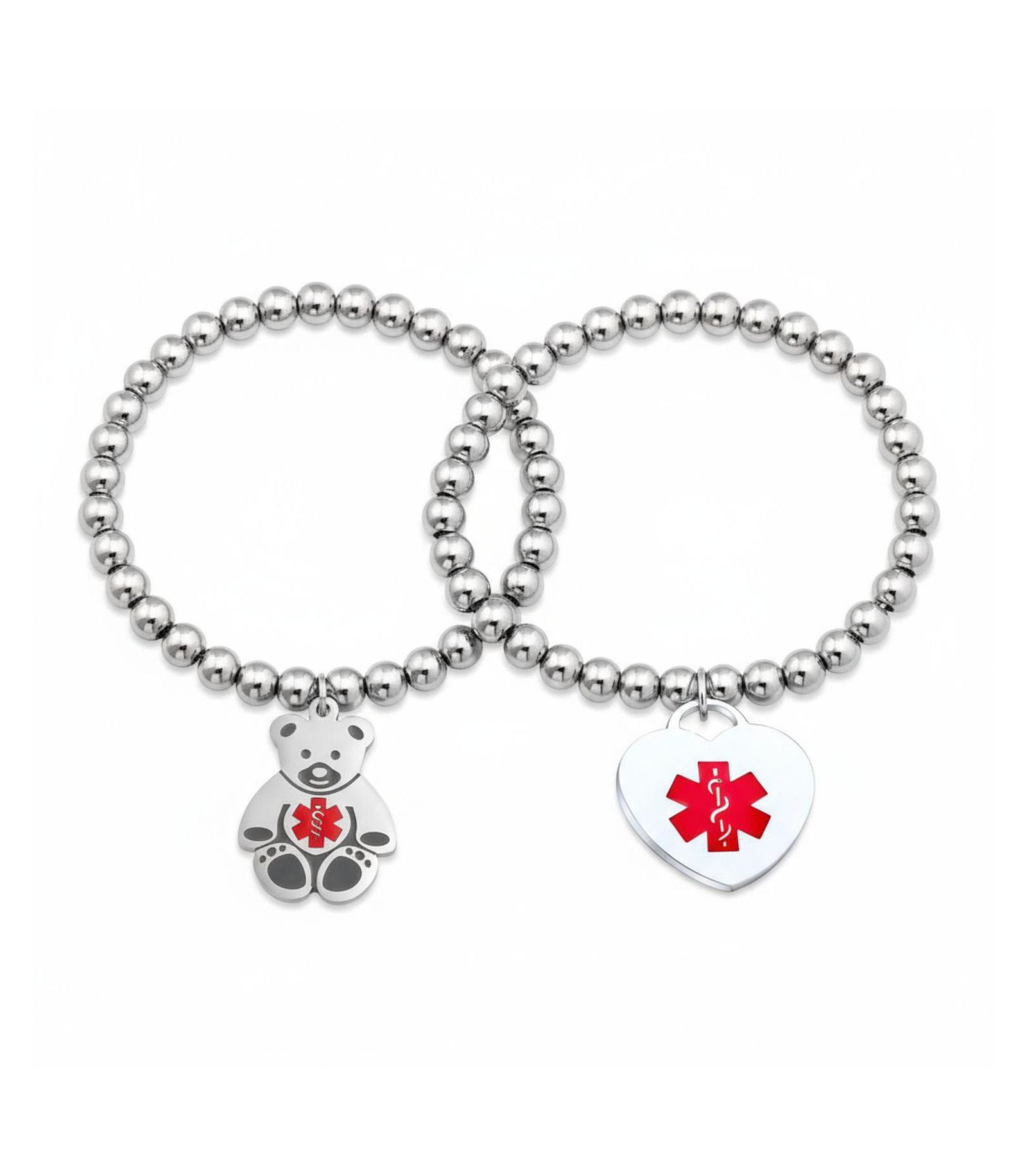 Bling Jewelry Teddy Bear Heart Medical ID Stretch Bead Bracelet Charm Silver Tone Set-2