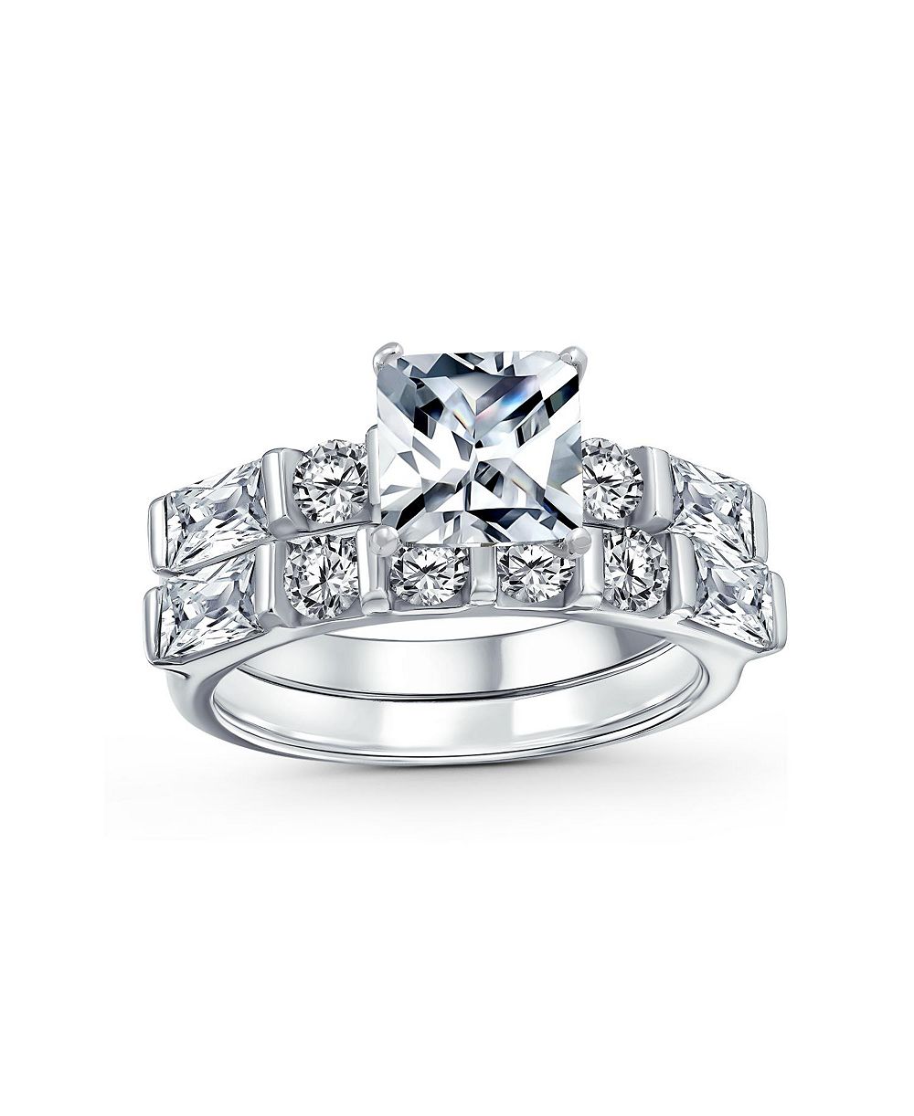 Bling Jewelry 2CT Cut CZ Cubic Zirconia Solitaire Engagement Ring Set Baguette Accents .925 Sterling Silver