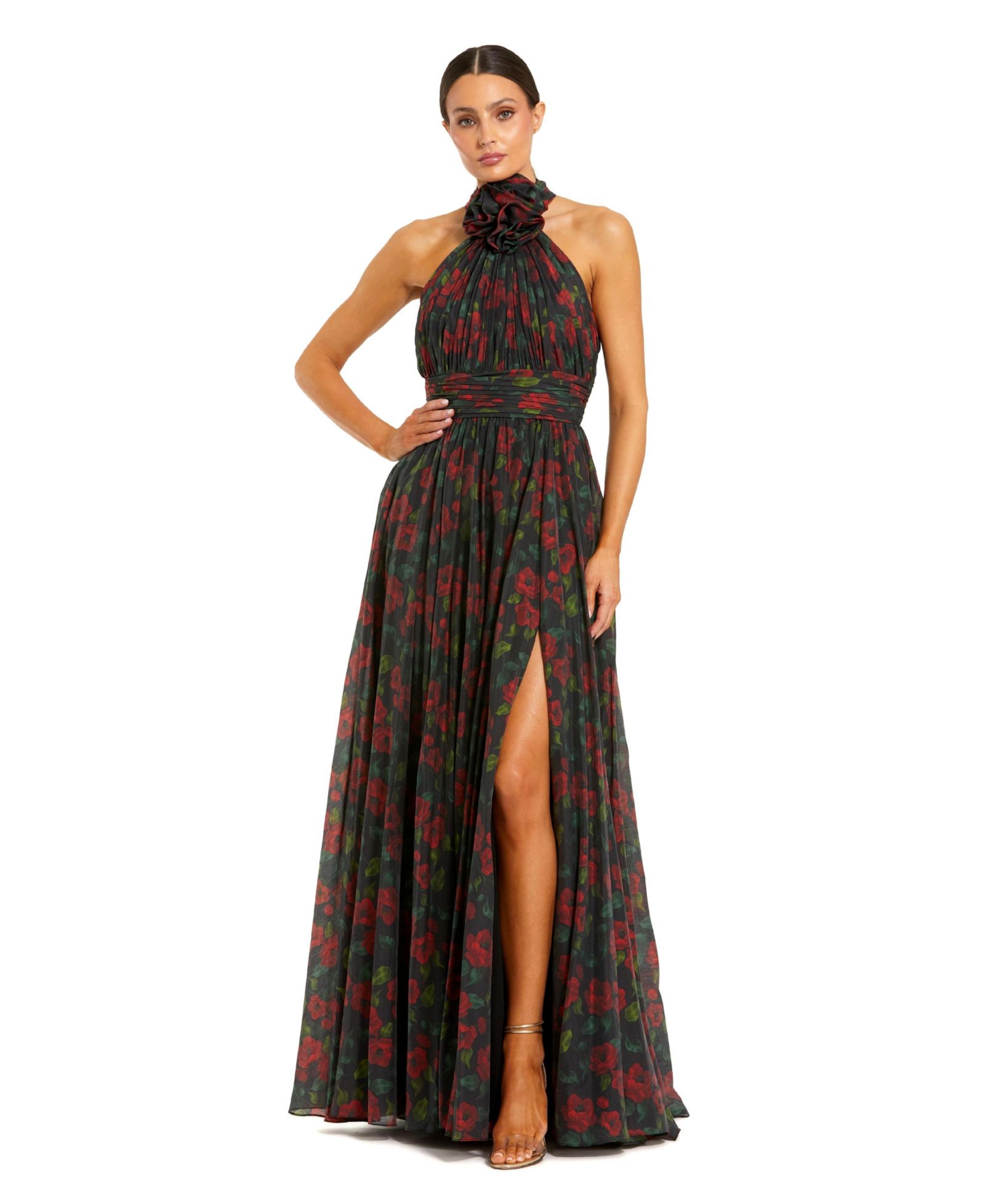Mac Duggal Женское цветочное шифоновое платье с 3D цветами и воротником halter