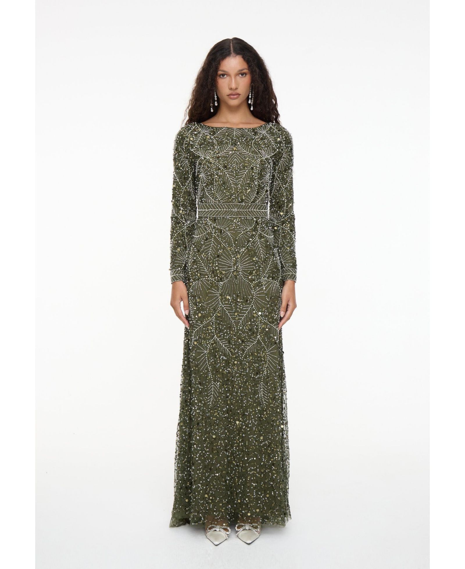 Женское платье Maryisa Modest Embellished Sequin Beaded Maxi с шлейфом