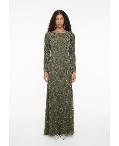 Maryisa Women's Modest Embellished Sequin Beaded Dress Maxi With Trail