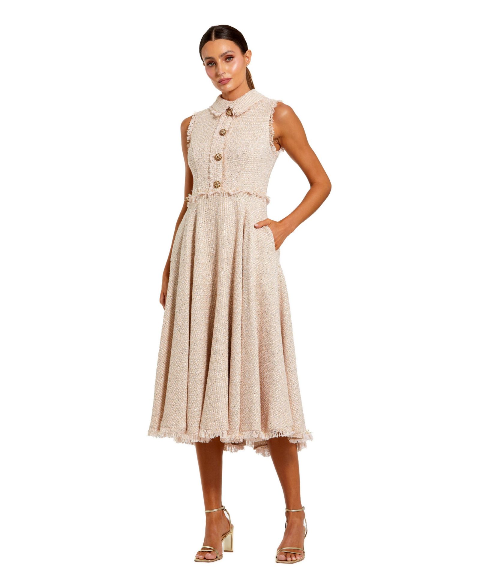 Mac Duggal Women's Boucle Sleeveless Collared Button Up Midi Dress
