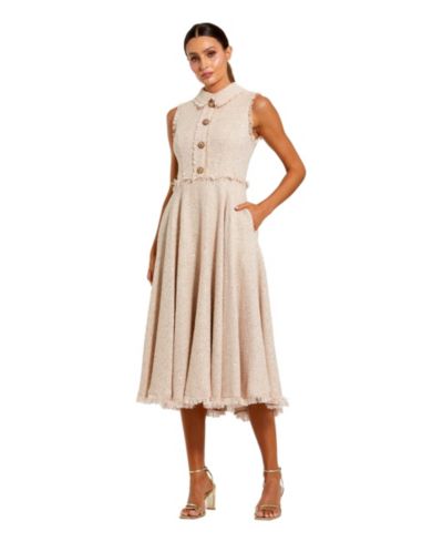 Mac Duggal Women's Boucle Sleeveless Collared Button Up Midi Dress