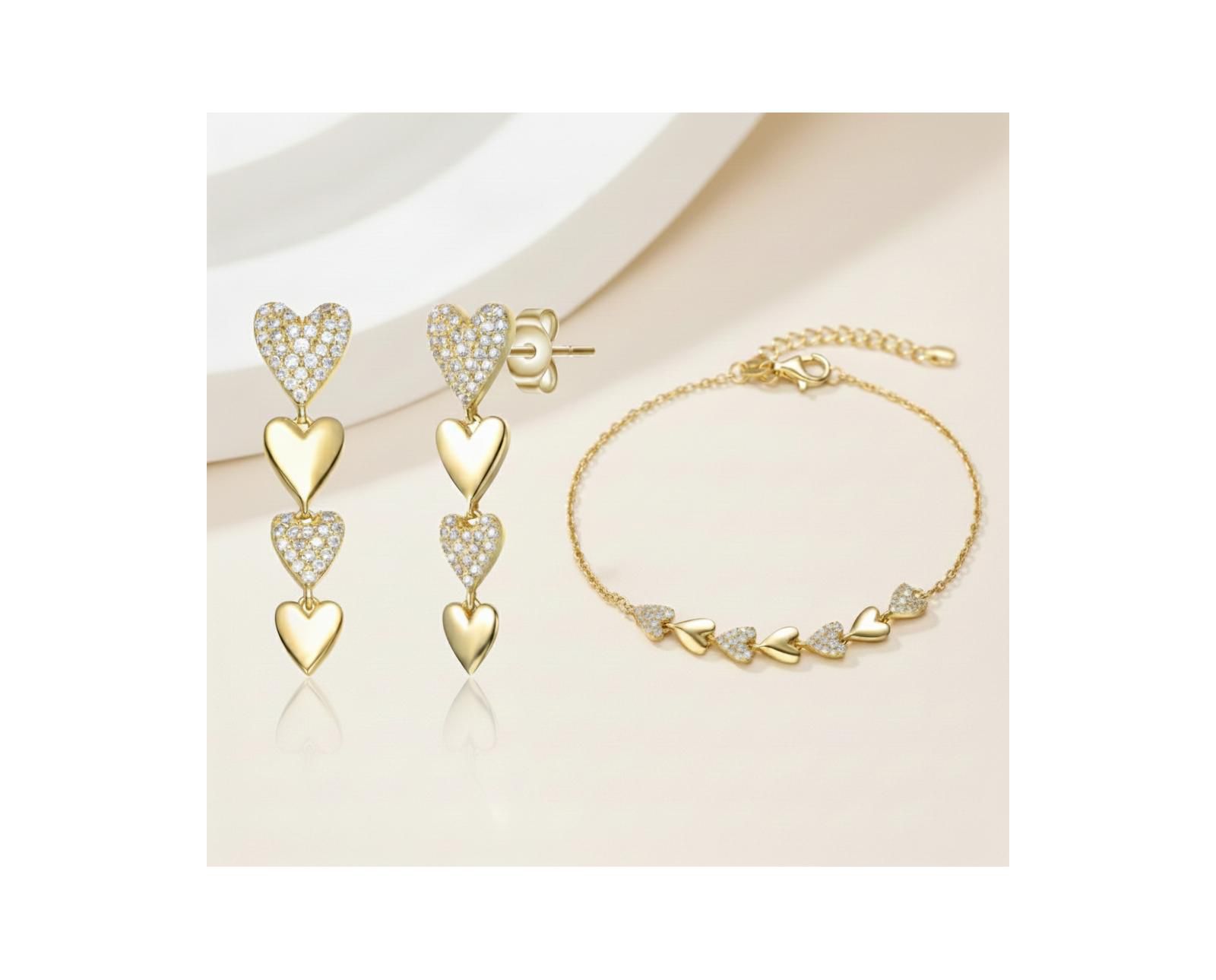 Genevive Gold-Plated Heart Jewelry Set with Sparkling CZ - Elegant Bracelet & Drop Earrings