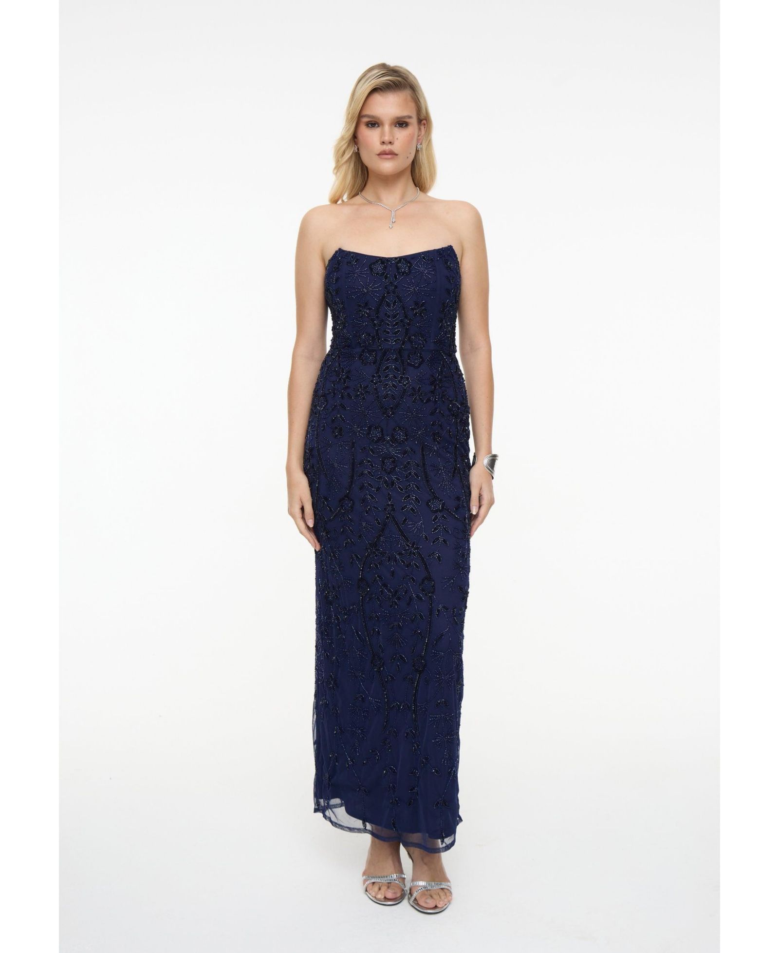 BEAUUT Women's Embellished Sequin Beaded Maxi Strapless Dress