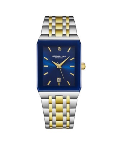 Stuhrling Empire Edge двухцветные прямоугольные часы 4084 — синий циферблат, кварцевые, дата, стальной браслет