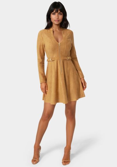 Bebe Women's Fit and Flare Long Sleeve Suede Mini Dress