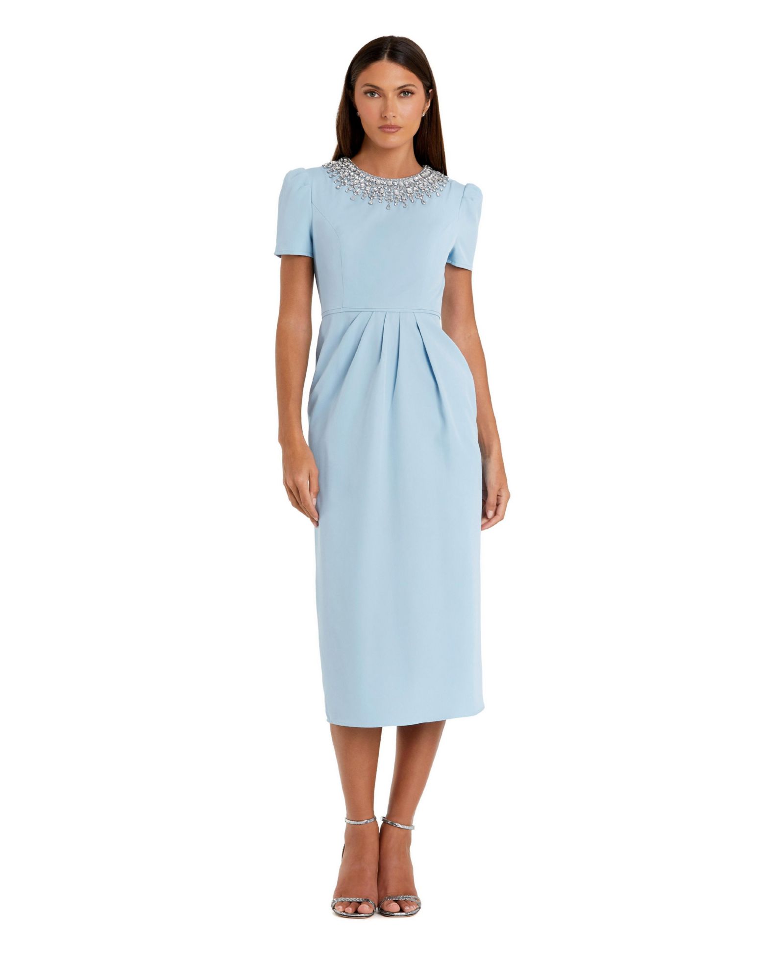 Женское платье Mac Duggal Short Sleeve Rhinestone Neckline Sheath