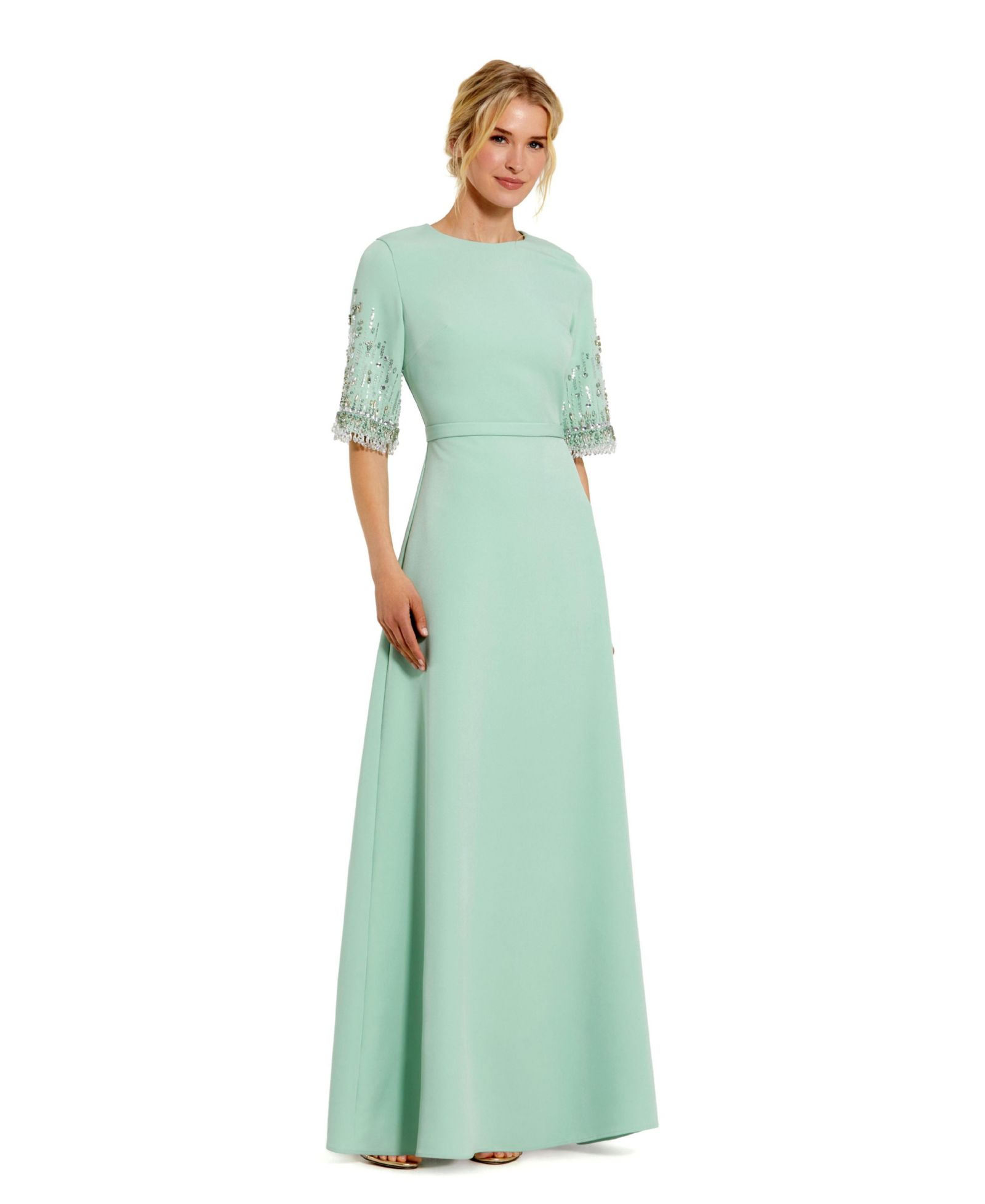 Mac Duggal Женское вечернее платье в пол с бисером и рукавом 3/4
