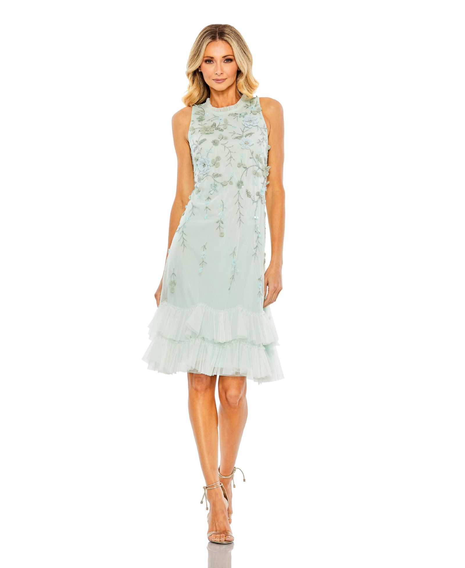 Mac Duggal Women's Embellished Ruffle Tiered High Neck Floral Dress