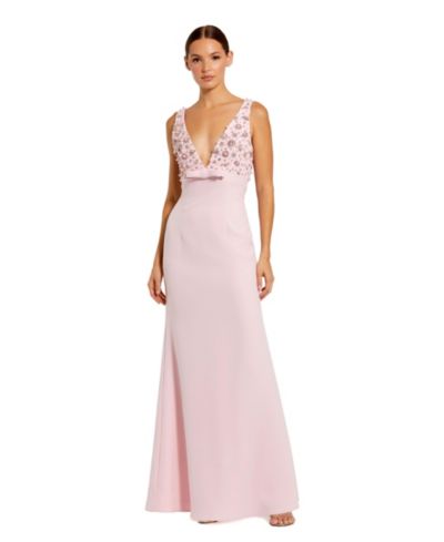 Mac Duggal Women's Crepe Sleeveless Beaded V Neck Gown With Bow