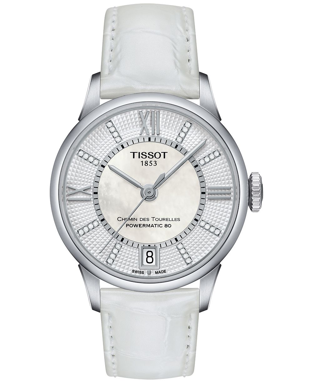 Tissot Women's Swiss Automatic Chemin Des Tourelles Diamond Accent White Leather Strap Watch 32mm T0992071611600