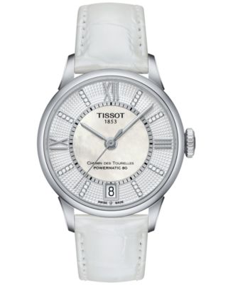 Tissot Women's Swiss Automatic Chemin Des Tourelles Diamond Accent White Leather Strap Watch 32mm T0992071611600