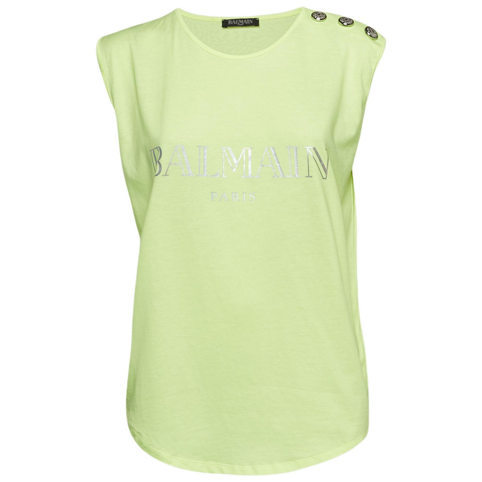 Pre-Owned Balmain Women's Fluorescent Green Logo Print Jersey Sleeveless T-Shirt