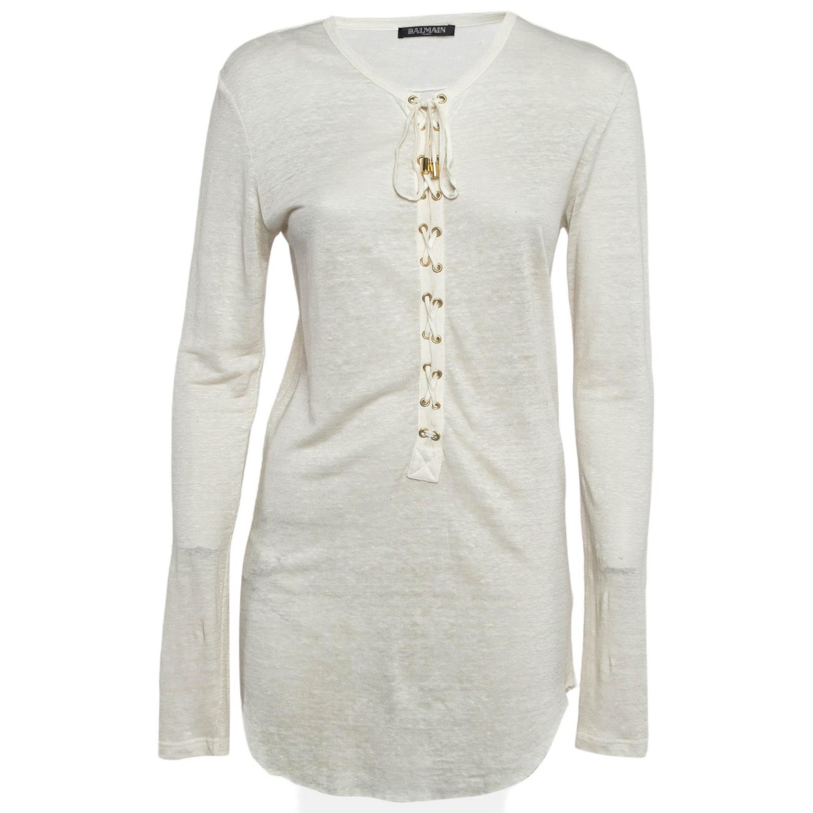 Pre-Owned Balmain Women's Off-White Linen Knit Lace-Up Top