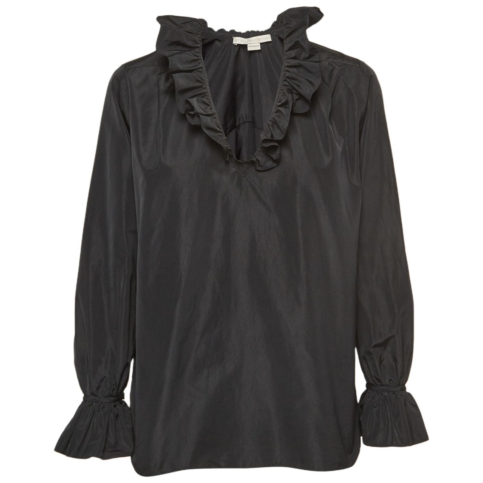 Pre-Owned Stella Mccartney Women's Black Silk Blend Crepe Ruffled V Neck Top