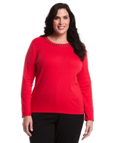 Rafaella Plus Size Plus Size Chain Neck Detail Long Sleeve Top