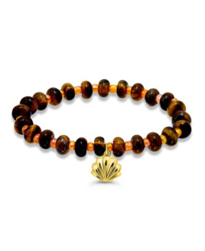 Браслет Macy's Tigers Eye Rondelle Beads and Clamshell Drop Charm Beaded Gold Plated Stretch