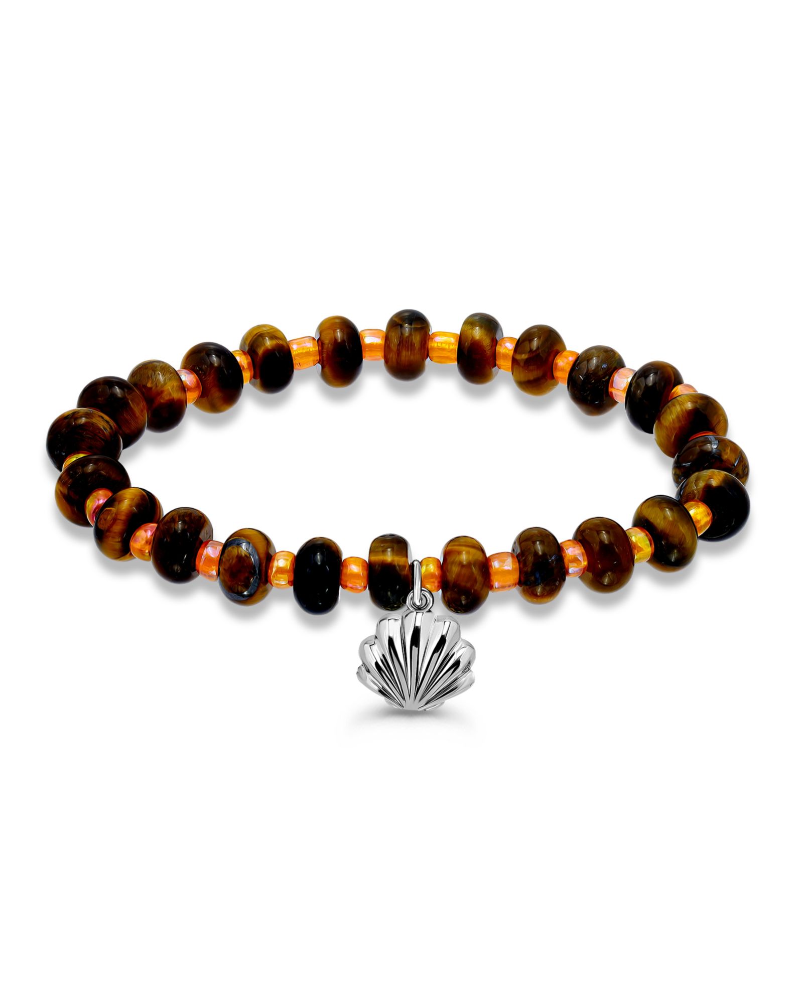 Браслет Macy's Tigers Eye Rondelle Beads and Clamshell Drop Charm Beaded Gold Plated Stretch