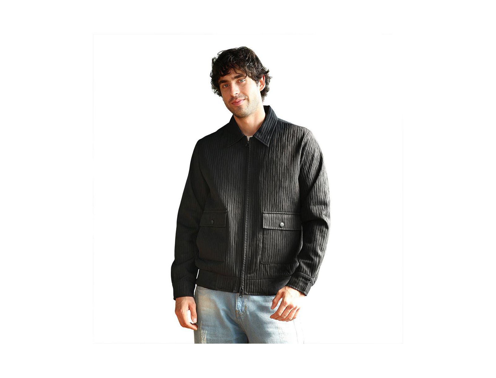 Campus Sutra Men's Midnight Black Zip-Front Crease-Tactile Jacket