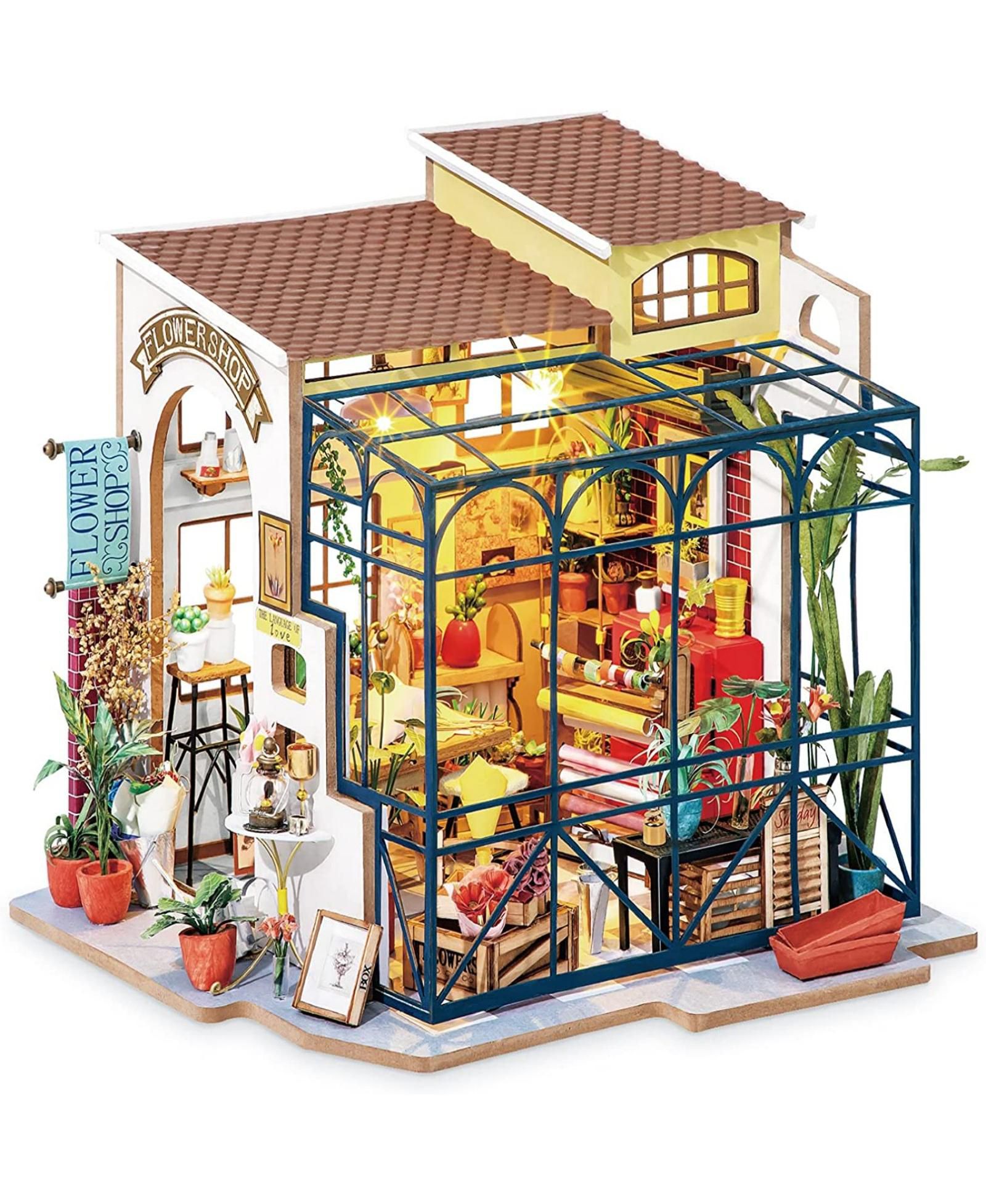 ROBOTIME DIY Dollhouse Kit Mini House Kit -Emily's Flower Shop | Tiny House for Adults to Build with LED Lights for Halloween Christmas Decor Gifts