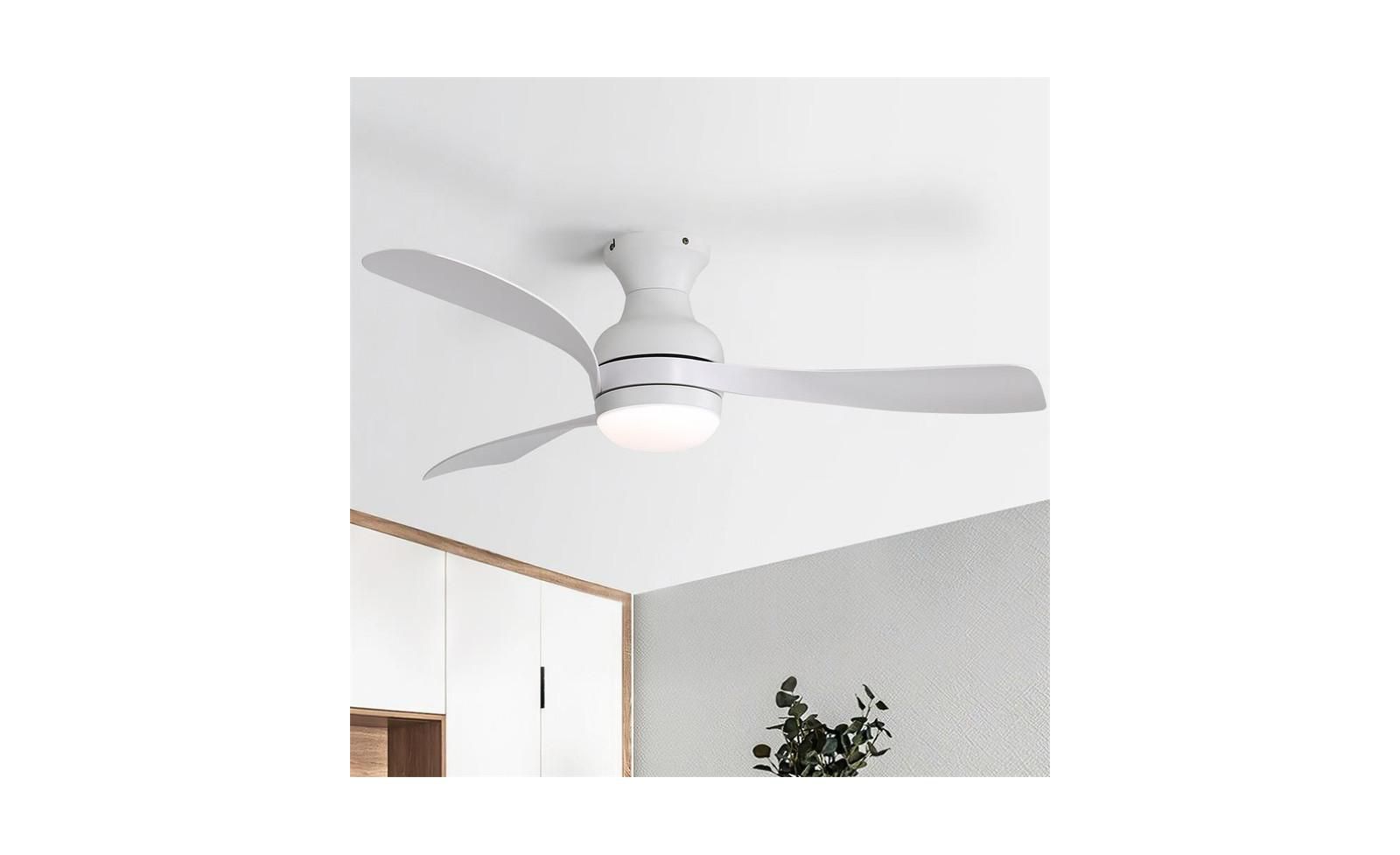 Sofucor 52-inch Modern White 3-Blade Flush Mount Ceiling Fan with Led Light and Remote Control