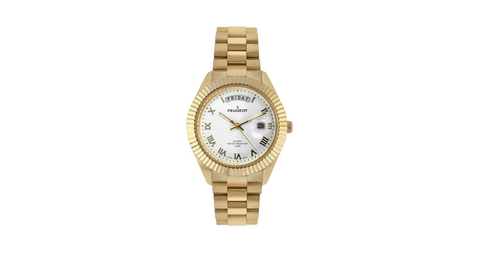 Мужские часы Peugeot 40mm White Face Fluted Bezel Gold Bracelet