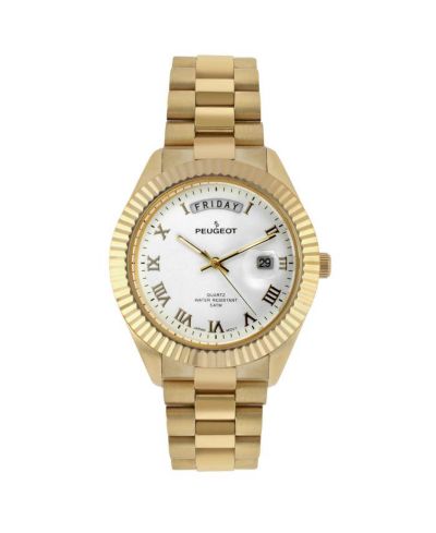 Peugeot Men's 40mm White Face Fluted Bezel Gold Bracelet Watch