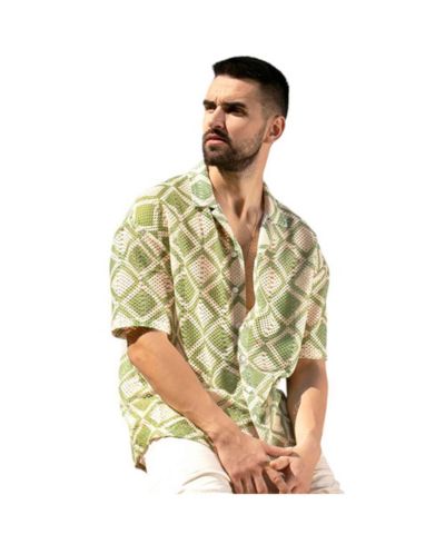 Campus Sutra Men's Grass Green & Pale Yellow Geometric Block Oversized Shirt