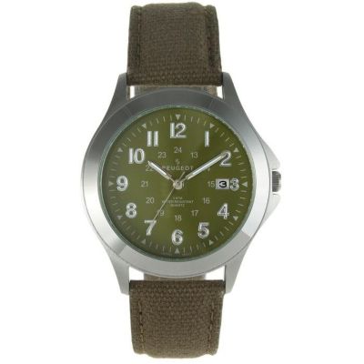 Peugeot Men Military Dial Calendar Leather Strap Watch 40mm Round