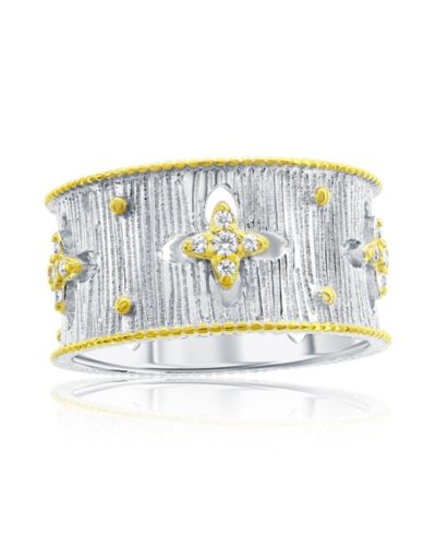 Suzy Levian New York Sterling Silver Cubic Zirconia Brushed Italian Florentine Extra Wide Band Eternity Ring