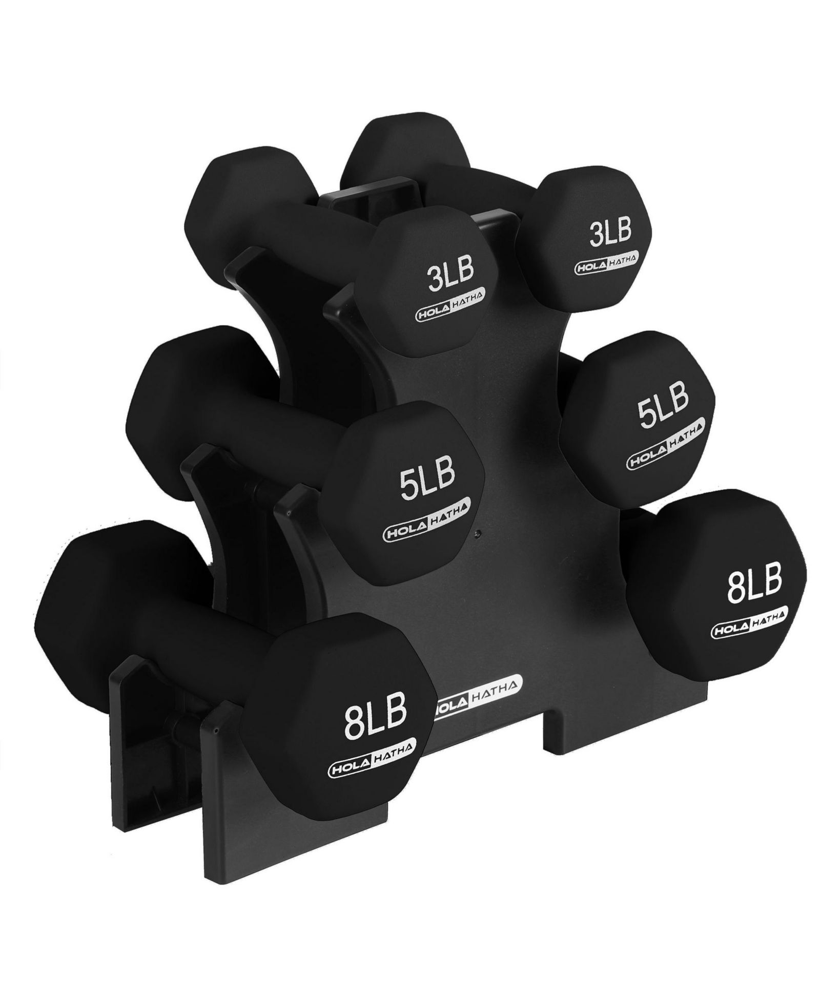 HolaHatha 3, 5 and 8 Pound Hex Dumbbell Hand Weight Set with Storage Rack, Black
