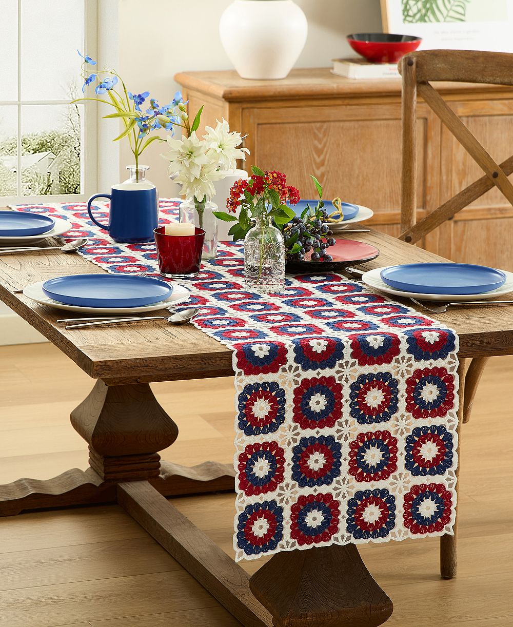Elrene Crochet Red White and Blue Table Runner, 14" x 70"