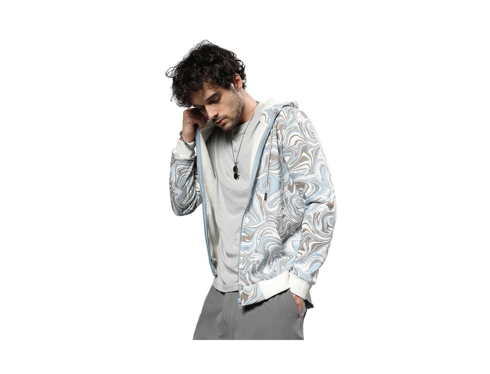Campus Sutra Men's Icy Blue & Olive Green Contrast Fluid Zip Front Hoodie