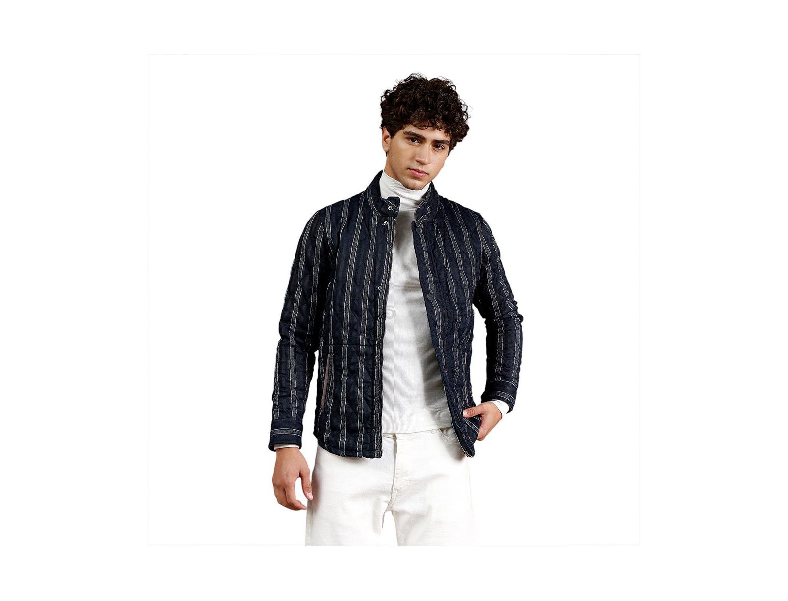 Campus Sutra Men's Woven-Striped Quilted Jacket