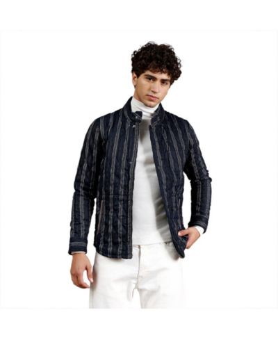 Мужская стеганая куртка Campus Sutra Navy Blue Woven-Striped