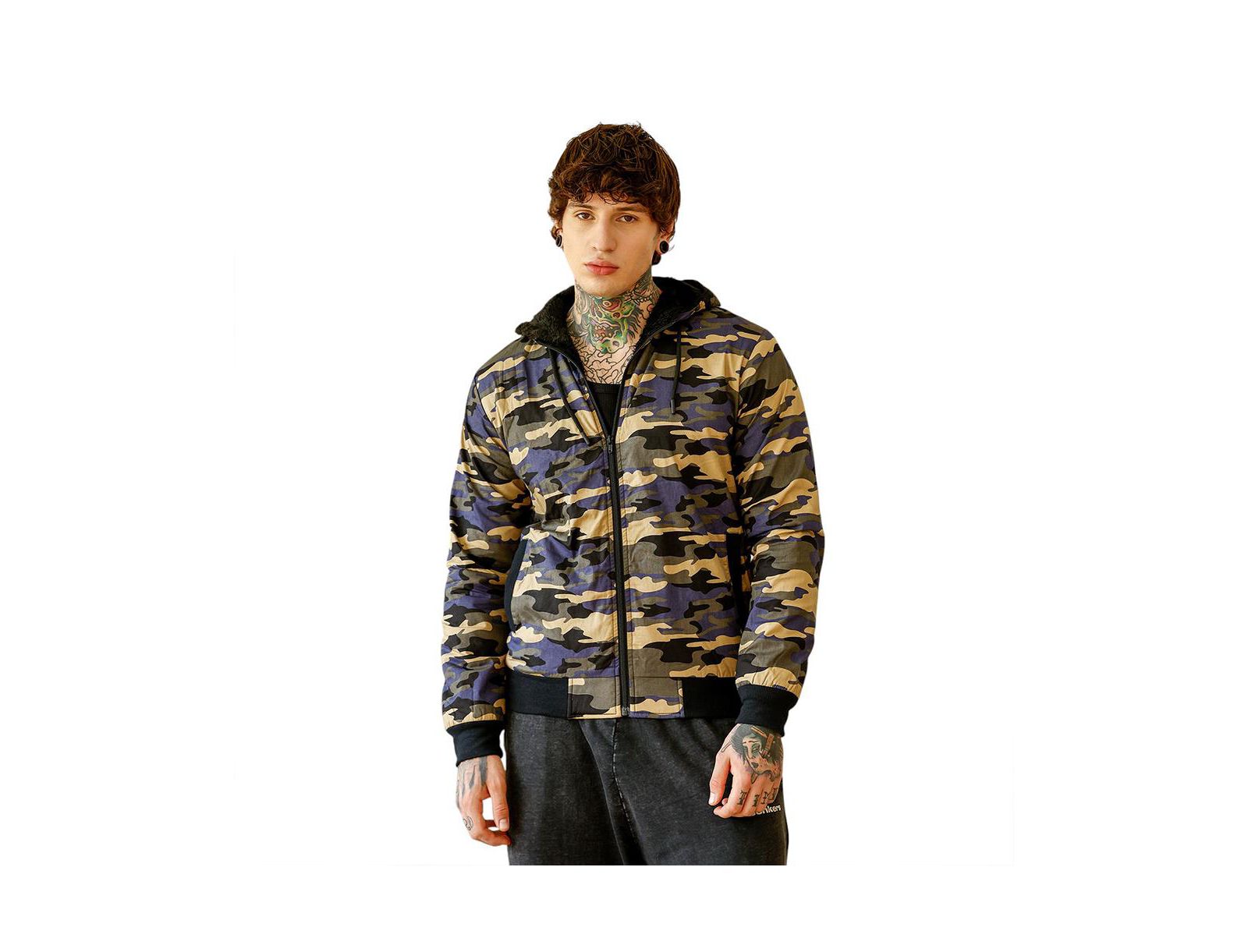 Мужская куртка Campus Sutra Army Green & Khaki Beige Camouflage с флисовой подкладкой