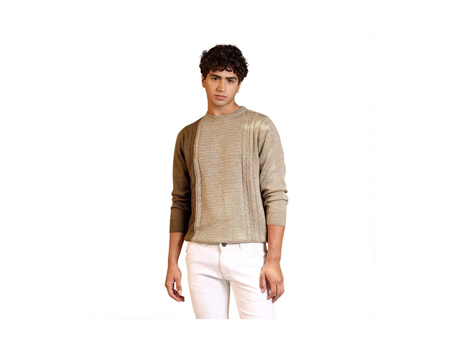 Campus Sutra Men's Sand Beige Textured-Jacquard Knit Pullover Sweater