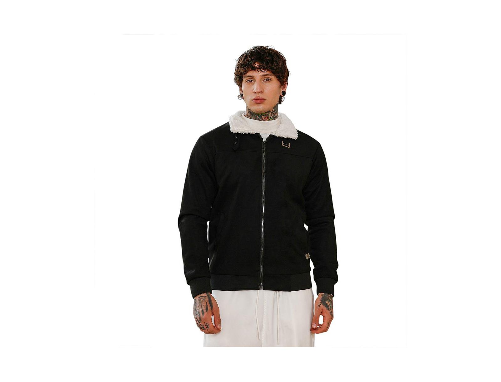 Campus Sutra куртка Men's Raven Black Contrast Sherpa-Lined Suede Bomber