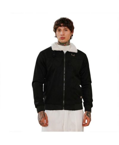 Campus Sutra Men's Raven Black Contrast Sherpa-Lined Suede Bomber Jacket