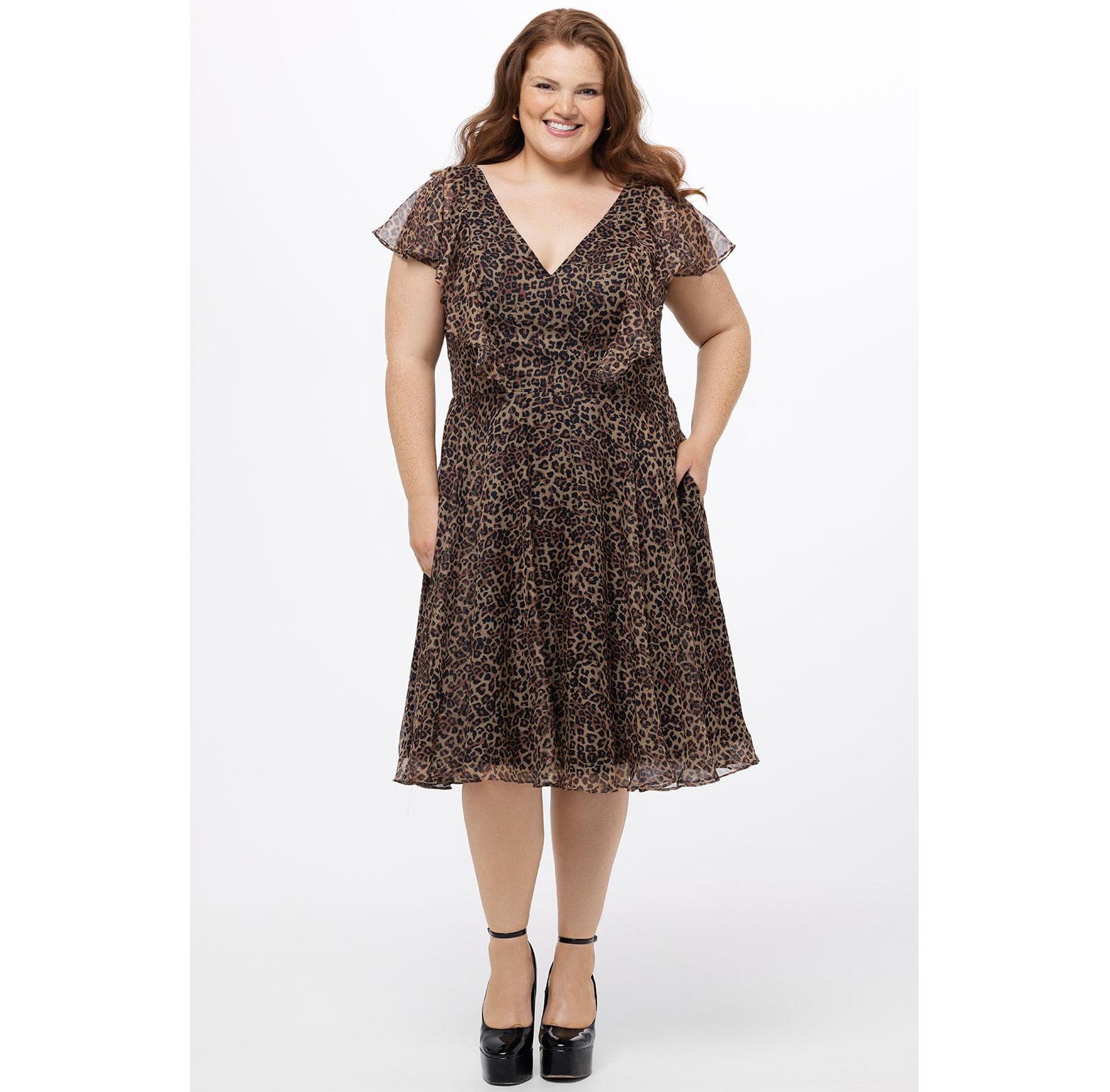Celebrations by Sydney's Closet Women's V-Neck Flutter Sleeve Animal Print Dress