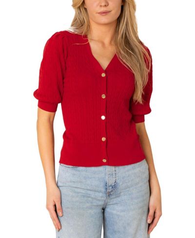 Hope & Henry Women's Hope and Henry Organic Puff Sleeve Button Front Sweater